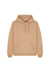 Felpa beige realizzata in tessuto morbido, con tasca frontale, cappuccio con cordino, polsini a costine e vestibilità casual. L'etichetta riporta "MIRA PARIS."
