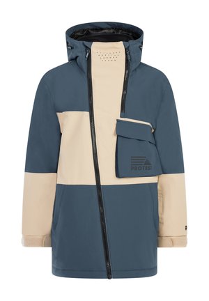 Kleur geblokte jas in marineblauw en beige, met een ritssluiting, capuchon en een voorkeen pocket met branding. Glad textuur, waterafstotend.