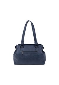 Marineblauwe totebag van gestructureerd synthetisch materiaal, voorzien van twee stevige handvatten en een voorzak met ritssluiting. Versterkte hardwareaccenten.