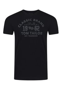 Zwarte katoenen T-shirt met korte mouwen. Heeft een grijze grafische print met de tekst "CLASSIC BRAND," "TOM TAILOR," en het jaar "1962." Rond de hals.