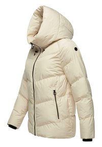 Beige gewatteerde jas met een hoge kraag en capuchon, voorzien van een voorrits, twee zijzakken met rits en zwarte accenten op de mouwen.