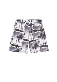 Bañador en blanco y negro con estampado de palmeras y playas, cinturilla elástica y bolsillo lateral con cierre de botón a presión.