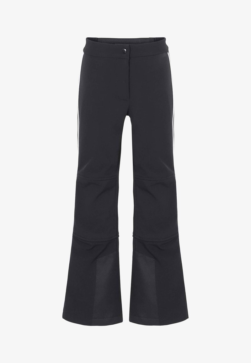 Sorte skibukser med en utvidet design, laget av teksturert stoff. Har knappelukking og hvite sidedetaljer.