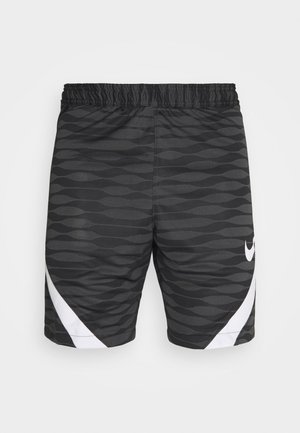 Czarne sportowe spodenki z falistym, ciemnoszarym wzorem, elastycznym pasem, białymi, zakrzywionymi akcentami w pobliżu krawędzi oraz białym logo Nike na prawej nodze.