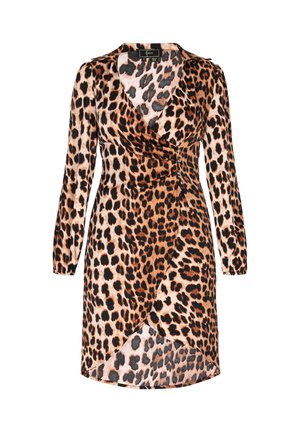 Jurk met lange mouwen in wikkelstijl, bedrukt met een bruine en zwarte luipaardprint, met een V-hals, een getailleerde pasvorm en een asymmetrische zoom.
