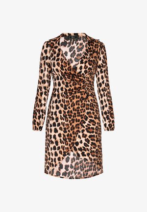 Pitkähihainen kietaisutyylinen mekko, jossa on ruskea ja musta leopardi-printti, V-pääntie, istuva leikkaus ja epäsymmetrinen helma.