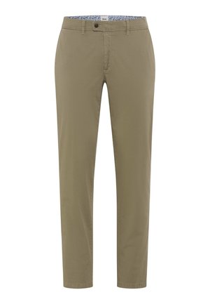 Beige Slim-Fit-Chinos mit Knopf- und Reißverschluss, Gürtelschlaufen und einem Innenfutter mit Blumenmuster am Bund.