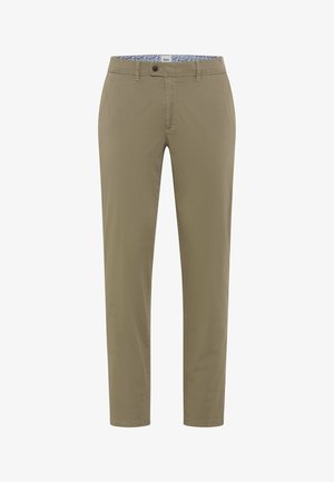 Beige Slim-Fit-Chinos mit Knopf- und Reißverschluss, Gürtelschlaufen und einem Innenfutter mit Blumenmuster am Bund.