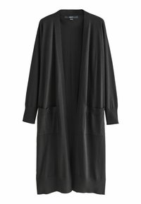 Musta pitkä neulecardigan, jossa on pitkät hihat, avoin etuosa ja kaksi etutaskua. Yksinkertainen muotoilu ribbireunoilla.