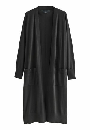 Black long cardigan made of knit material, featuring long sleeves, open front, and two front pockets. Simple design with ribbed cuffs.