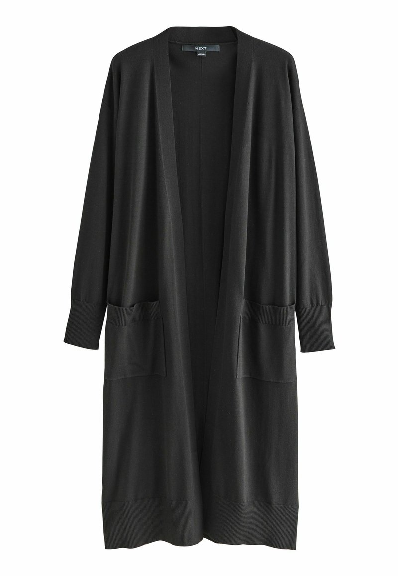 Musta pitkä neulecardigan, jossa on pitkät hihat, avoin etuosa ja kaksi etutaskua. Yksinkertainen muotoilu ribbireunoilla.