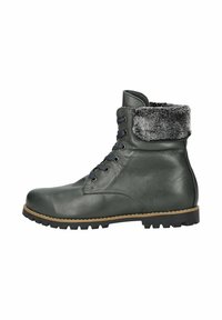 Botte en cuir vert foncé avec un revers en fausse fourrure grise, design à lacets, semelle en caoutchouc avec des crampons et forme de bout rond.