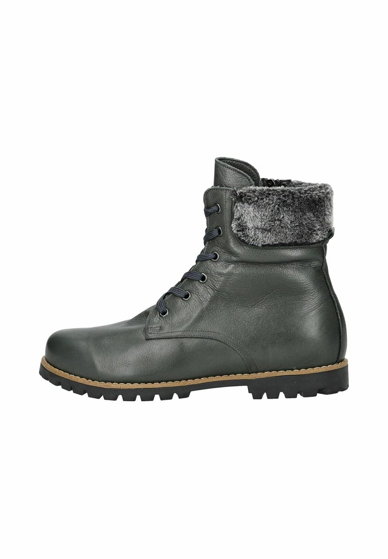 Botte en cuir vert foncé avec un revers en fausse fourrure grise, design à lacets, semelle en caoutchouc avec des crampons et forme de bout rond.