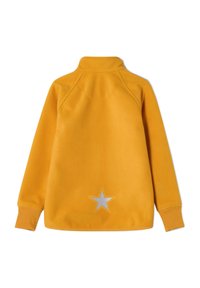 Żółty polarowy sweter z wysokim kołnierzem, z raglanowymi rękawami i dużą szarością akcentującą dolną część pleców. Miękka tekstura, jednolity kolor.