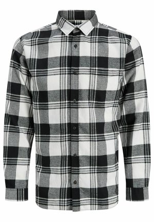 Camicia casual a maniche lunghe a quadri nera, bianca e grigia, con colletto e una singola tasca sul petto, esposta frontalmente su uno sfondo bianco.
