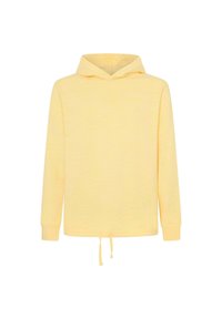 Sudadera amarilla con cordón, de mangas largas y un acabado texturizado. Cuenta con un bolsillo canguro y un diseño de corte relajado.