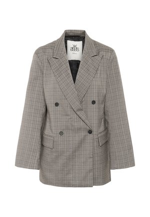 Blazer à carreaux à double boutonnage en gris et beige. Caractérisé par de larges revers, deux poches avant et des boutons noirs en accent.