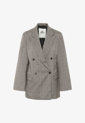 Dubbelgebreid geruit colbert in grijs en beige. Heeft brede revers, twee zakken aan de voorkant en zwarte knoopaccenten.