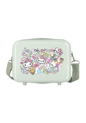 Bolsa rígida de color verde claro con correa ajustable, decorada con coloridas ilustraciones de Hello Kitty con estrellas, corazones, helados y elementos de bicicleta.