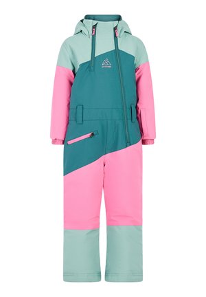 Farbenfrohes Skianzug in Teal und Pink, mit einer Reißverschlusstasche, verstellbarer Kapuze und elastischen Bündchen. Hergestellt aus wasserdichtem Material.