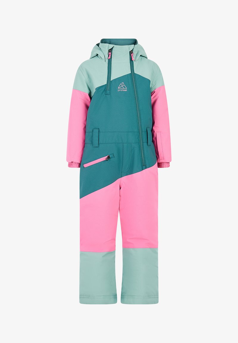 Kleurige skibroek in teal en roze, met een ritszak, verstelbare capuchon en elastische manchetten. Gemaakt van waterdicht materiaal.