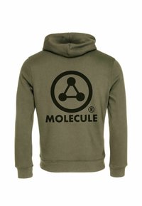 Felpa verde oliva con cappuccio e cordino, caratterizzata da un grande design a cerchio nero con la parola "MOLECULE" sotto. Realizzata in morbido misto cotone.