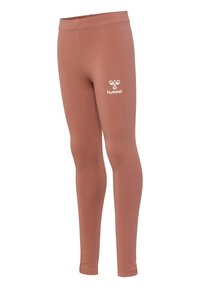 Leggings taille haute de couleur rose poussiéreux, fabriqués en matériau extensible, avec un logo blanc sur la cuisse gauche. Texture lisse.