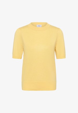 Kollane lühikeste varrukatega kampsun, millel on ümmargune kaelus ja soonilised varrukataskud ning ääred. Valmistatud kergest kangast, millel on pehme tekstuur.