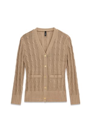 Beige Strickjacke mit Kabelmuster, V-Ausschnitt, fünf Knöpfen, zwei Vorderentaschen sowie gerippten Bündchen und Saum.