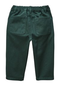 Pantalon en coton vert avec une taille élastique, deux poches arrière et une texture lisse. Comprend des coutures surfilées et une coupe droite.