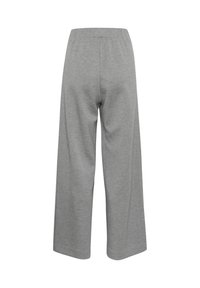 Pantaloni grigi a gamba larga realizzati in un materiale morbido e elastico, con una vita elastica e una superficie liscia, progettati per il comfort e la libertà di movimento.