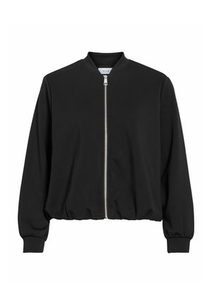 Svart bomberjakke med sølvfarget glidelås foran, ribbestrikket krage, mansjetter og kant, lange ermer og en litt løs passform.