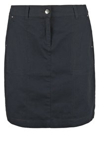 Gonna nera in cotone a taglio dritto, con chiusura frontale a bottoni, tasche laterali e dettagli di cucitura in vista.