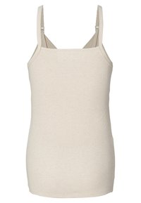 Beige geribbelde tanktop met verstelbare bandjes, met een vierkante halslijn en een aansluitend ontwerp. Gemaakt van zachte, rekbare stof.