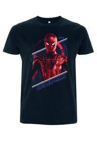 Svart bomull t-shirt med en stor röd Spider-Man-grafik i vitt och blått, som visar djärva linjer och en stilren design.