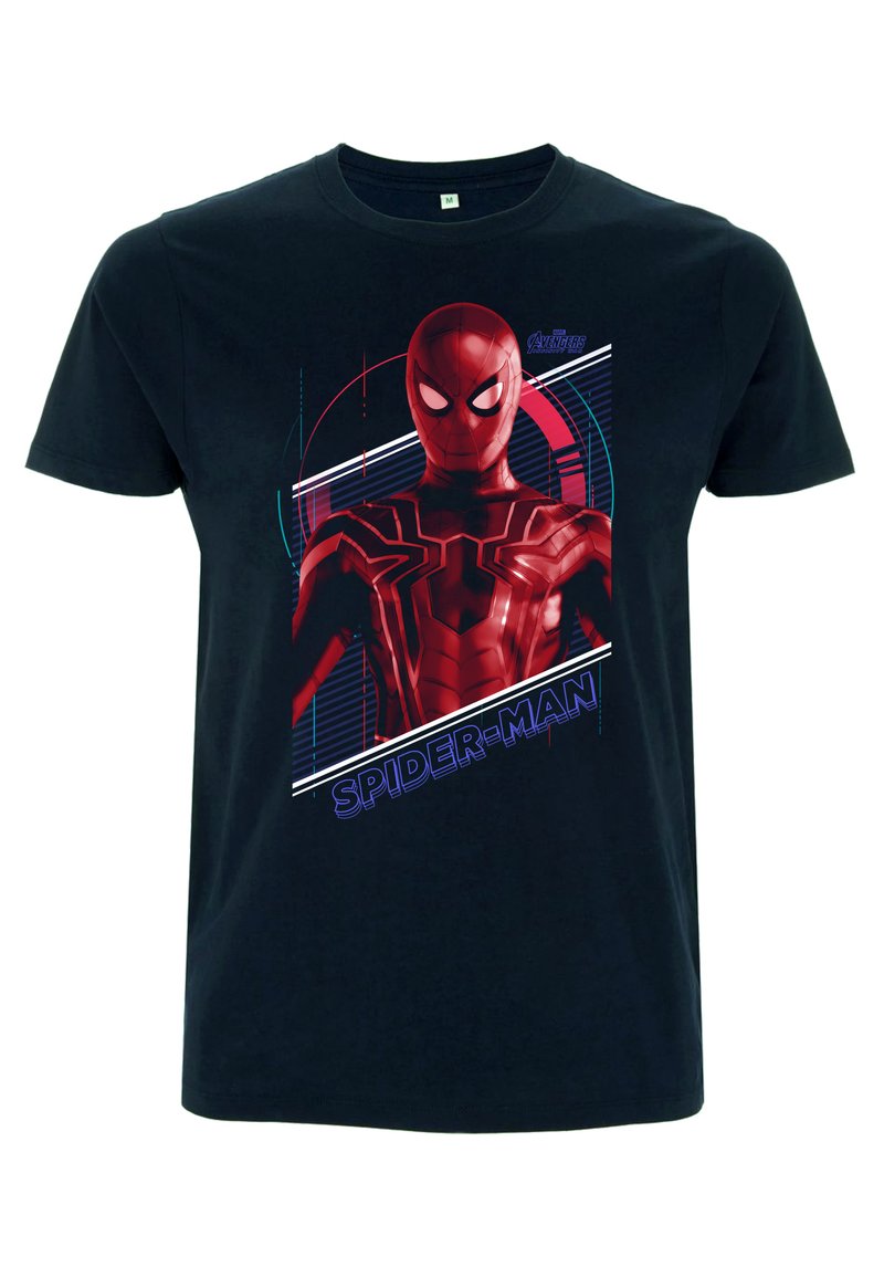 Svart bomull t-shirt med en stor röd Spider-Man-grafik i vitt och blått, som visar djärva linjer och en stilren design.