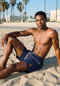 Moški brez majice v mornarsko modrih kopalkah sedi na peščeni plaži s palmami in stavbami v ozadju pod jasnim nebom.