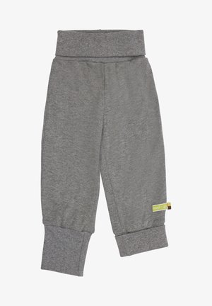 Graue Sweatpants mit einem breiten, elastischen Bund und gerippten Bündchen an den Knöcheln. Hergestellt aus weichem Material und mit einem kleinen Markenetikett an der Seite.