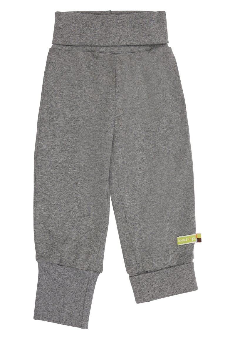 Grijze sweatpants met een brede, elastische tailleband en verstrakte enkels. Gemaakt van zachte stof, met een klein merketiket aan de zijkant.