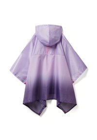 Poncho viola con cappuccio, caratterizzato da un design a gradiente dal viola chiaro al viola scuro, realizzato in materiale leggero, con dettagli a scatto.