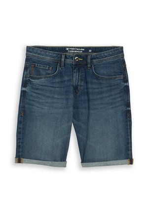 Dunkelblaue Jeans-Shorts mit aufgerollten Säumen, Frontknopf und Reißverschluss, Gürtelschlaufen und Fünf-Taschen-Stil, Größe 32 von Tom Tailor.