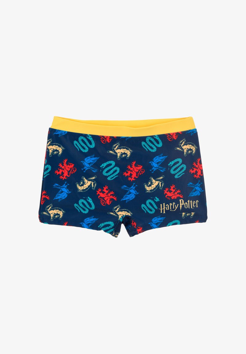 Zwarte zwembroek met gele tailleband, versierd met kleurrijke Harry Potter-thema patronen van dieren en symbolen, gemaakt van rekbaar materiaal.