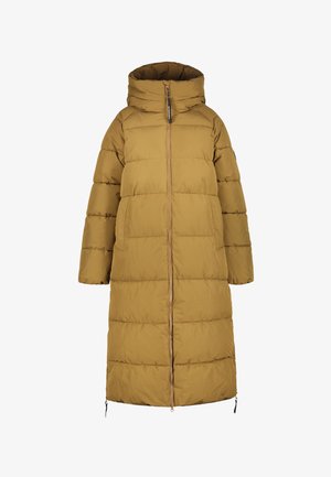 Langer, übergroßer Puffer-Mantel in warmem Braun. Verfügt über einen hohen Kragen, einen Reißverschluss vorne und Seitentaschen. Strukturierten Paneele erzeugen ein gestepptes Aussehen.