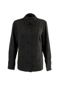 Blusa nera a maniche lunghe in tessuto morbido con una chiusura frontale a bottoni, caratterizzata da un motivo floreale composto da piccoli accenti lucidi.