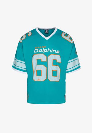 Miami Dolphins Trikot in Aqua-Blau mit orangefarbenen Akzenten. Mit V-Ausschnitt, Netzelementen und der Nummer 66 auf der Vorder- und Rückseite.