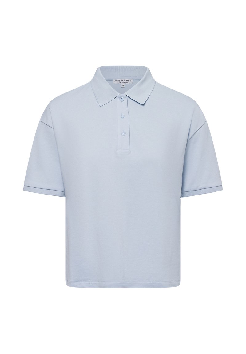 Lichtblauwe polo met een kraag, korte mouwen en een knoopsluiting met drie knopen. Gemaakt van textiel met een gestructureerde stof en strakke lijnen.