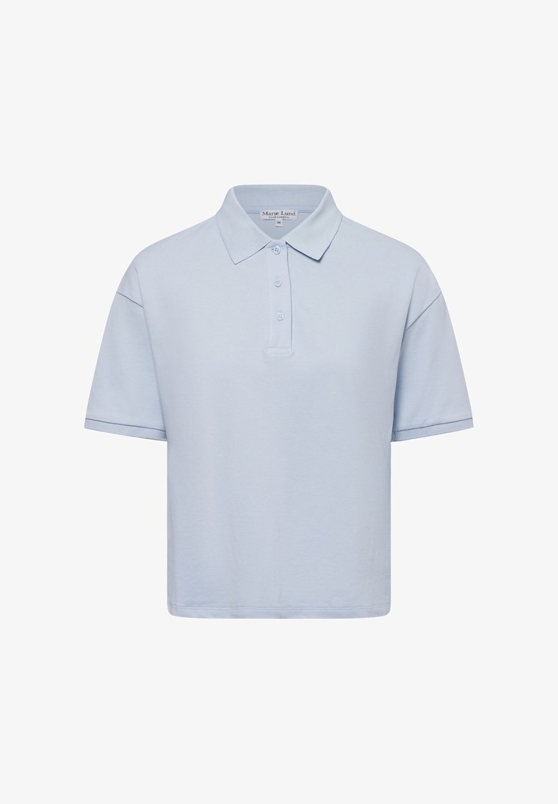 Lichtblauwe polo met een kraag, korte mouwen en een knoopsluiting met drie knopen. Gemaakt van textiel met een gestructureerde stof en strakke lijnen.