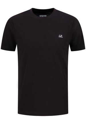 T-shirt nera a maniche corte in cotone con scollo rotondo e piccolo logo bianco "C.P. Company" sul petto a sinistra.