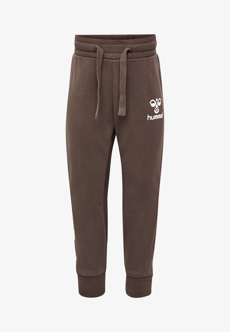 Braune Sweatpants aus weichem Material mit einem geribbelten Bund, verstellbarem Kordelzug und einem weißen Logo an der Seite. Mit Bündchen an den Knöcheln.