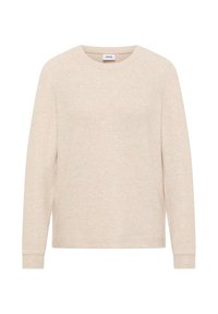 Haut long à manches beige clair en tissu doux avec une coupe décontractée. Doté d'un col rond et de poignets côtelés. Surface légèrement texturée.
